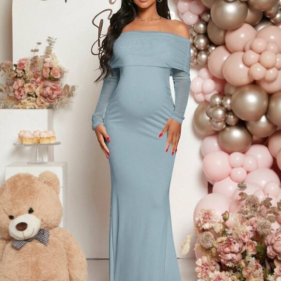 Baby Blue Elegant Women's Maternity Foldover Off Shoulder Mermaid Hem Dress - Picture 3 of 7